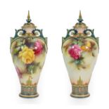 A Pair of Royal Worcester Hadley Ware Vases and Covers, painted by William Jarman, circa 1905,