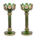 A Pair of Bohemian White Overlay Green Glass Table Lustres, late 19th century,