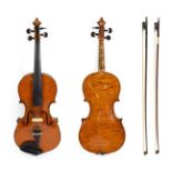 Violin 14'' one piece back, ebony fingerboard, no label, with two bows (cased)Evidence of heel block