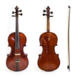 Violin 14'' two piece back, ebony fingerboard, labelled 'Barrel d'apres A Stradivarius' with bow