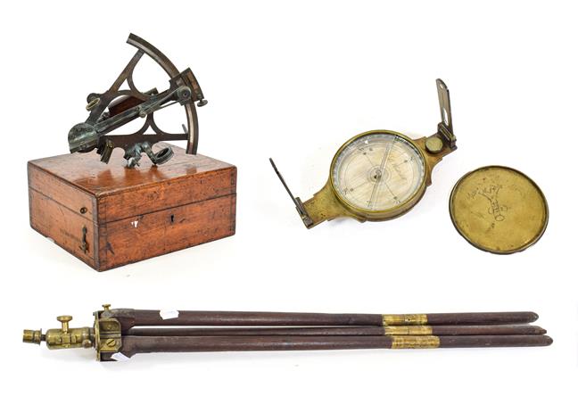 J B Underhill Surveyors Compass 4 1/2'' diameter on tripod; together with a Langford Sextant (cased)