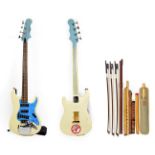 Bass Guitar with headstock badge 'Marquee Bass' cream body and blue pearloid scratchplate, one