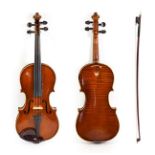 Violin 13 1/4'' two piece back, no label, with bow and set on inlayed pegs (cased)