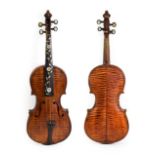 Violin 14 1/4'' two piece back, decorative inlay to fingerboard and pegs, appears to be marked '