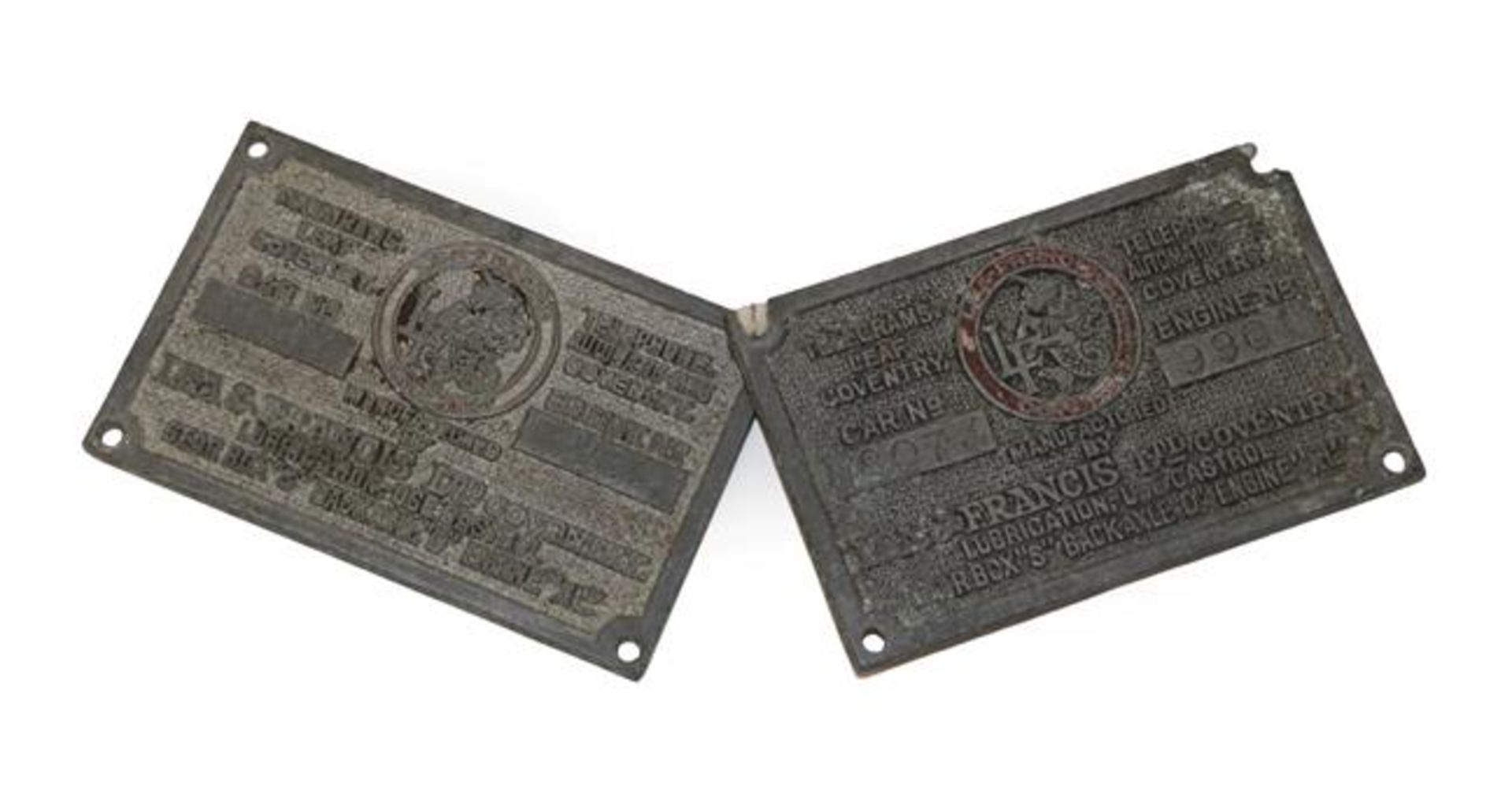 Two Lea-Francis Pressed Metal Telegram Leaf or Chassis Plates, one stamped 181279981, the other with