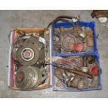 ~ Three Boxes of Assorted Car Spares, to include five Packard Eight wheel hubs, MGB spares, oil