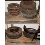 ~ Eleven Assorted Vintage Wirework Car Wheels, eight with rubber tyres (a/f)