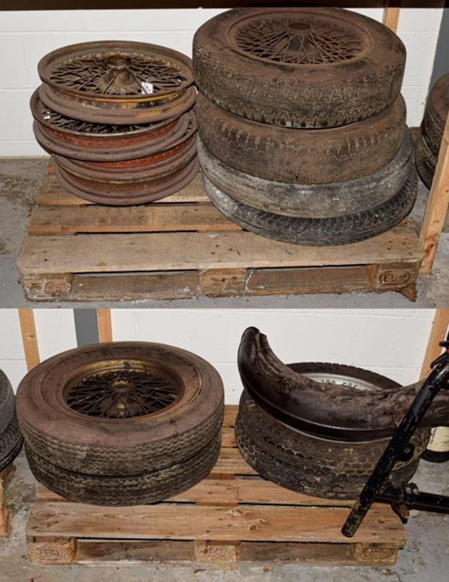 ~ Eleven Assorted Vintage Wirework Car Wheels, eight with rubber tyres (a/f)