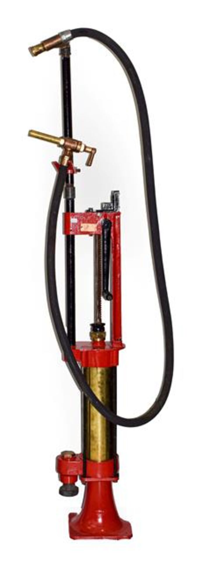 A 1930's Skeleton Petrol Pump, bearing brass plaque, repainted red and black, with rubber hose and