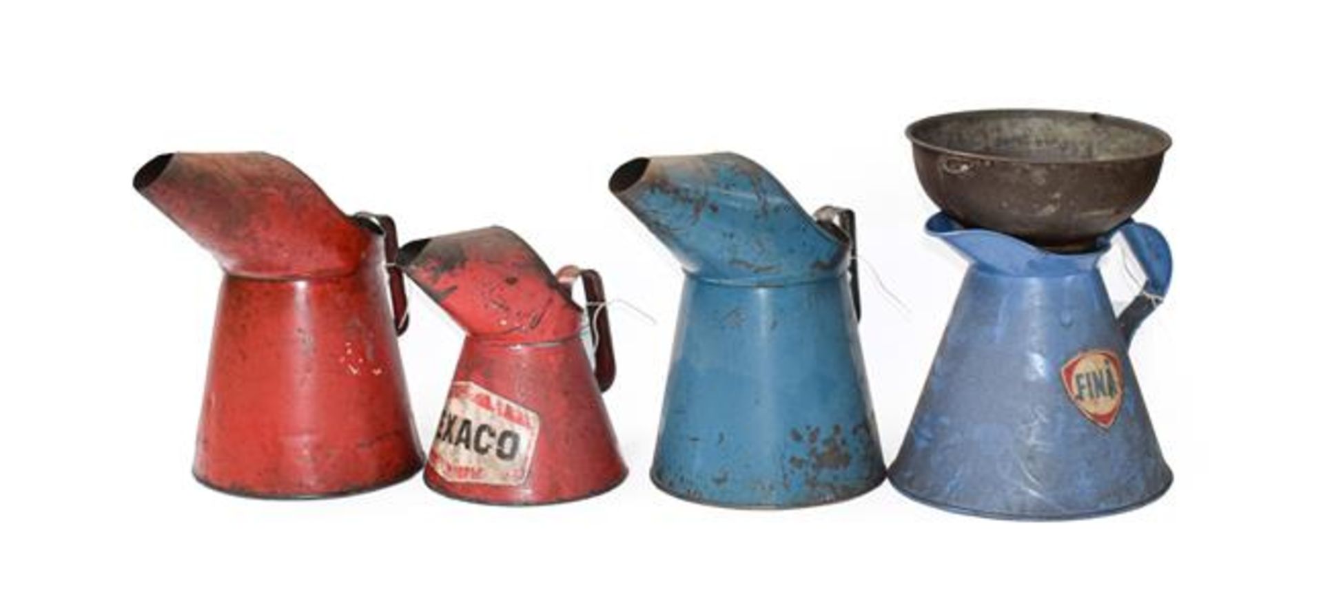 ~ A Red Painted 1 Gallon Oil Pourer; A Blue Painted Example; A Fina Example; A Texaco 2 Litre Oil