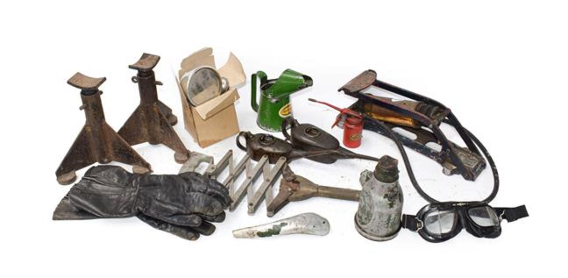 A Collection of Automobilia, to include a pair of metal car axel stands, a 1 tonne Lake & Elliott