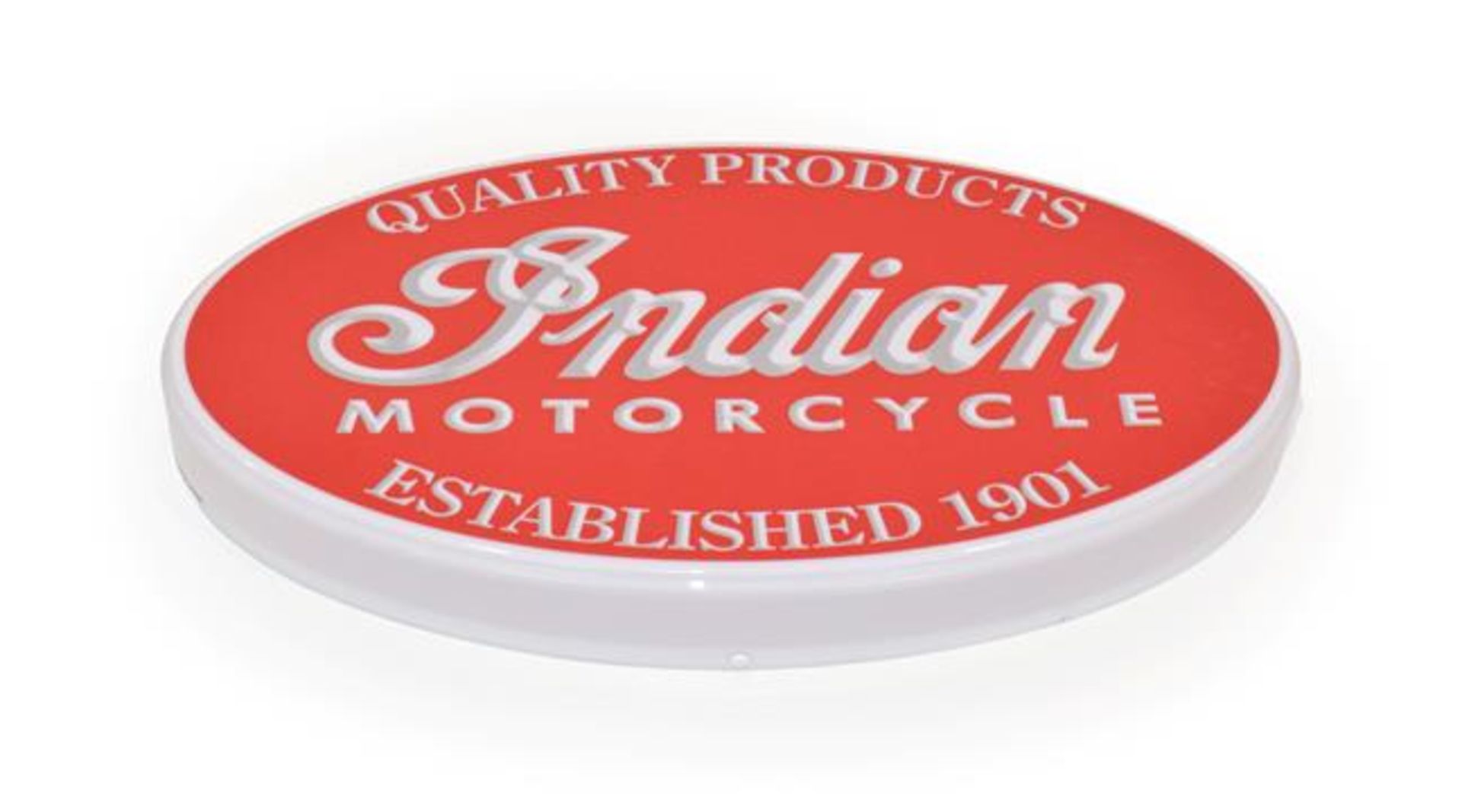 An Illuminated Car Display Sign: Indian Motorcycle Quality Products, established 1901, with low