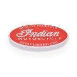 An Illuminated Car Display Sign: Indian Motorcycle Quality Products, established 1901, with low
