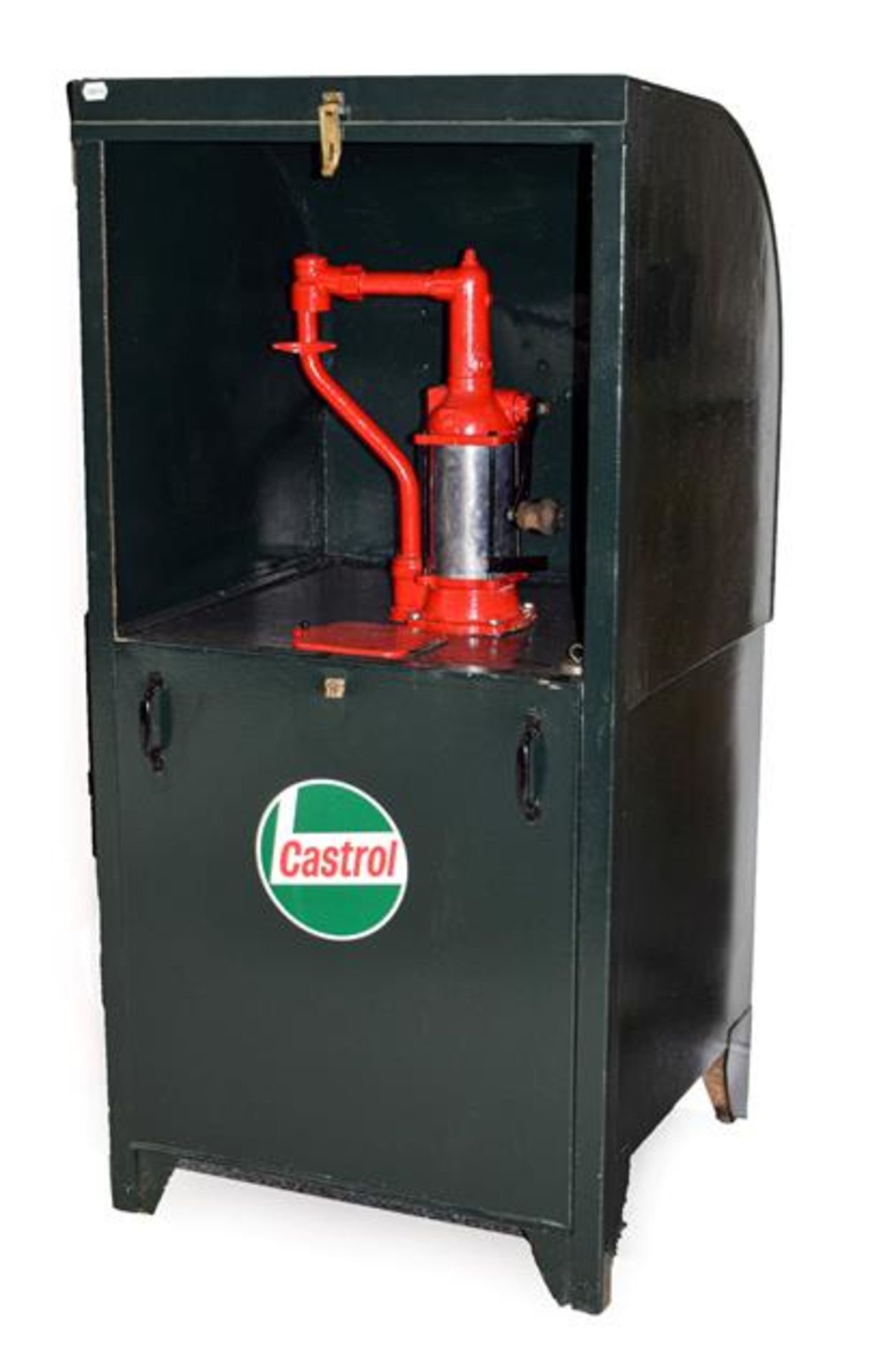 A Workshop Oil Dispenser, repainted green and labelled Castrol, with red painted pump and wooden