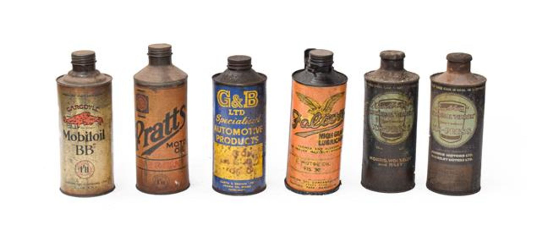 ~ Six Vintage Under-Bonnet Cylindrical Oil Cans, to including Pratts, Falcon, Duckhams, Mobil Oil (