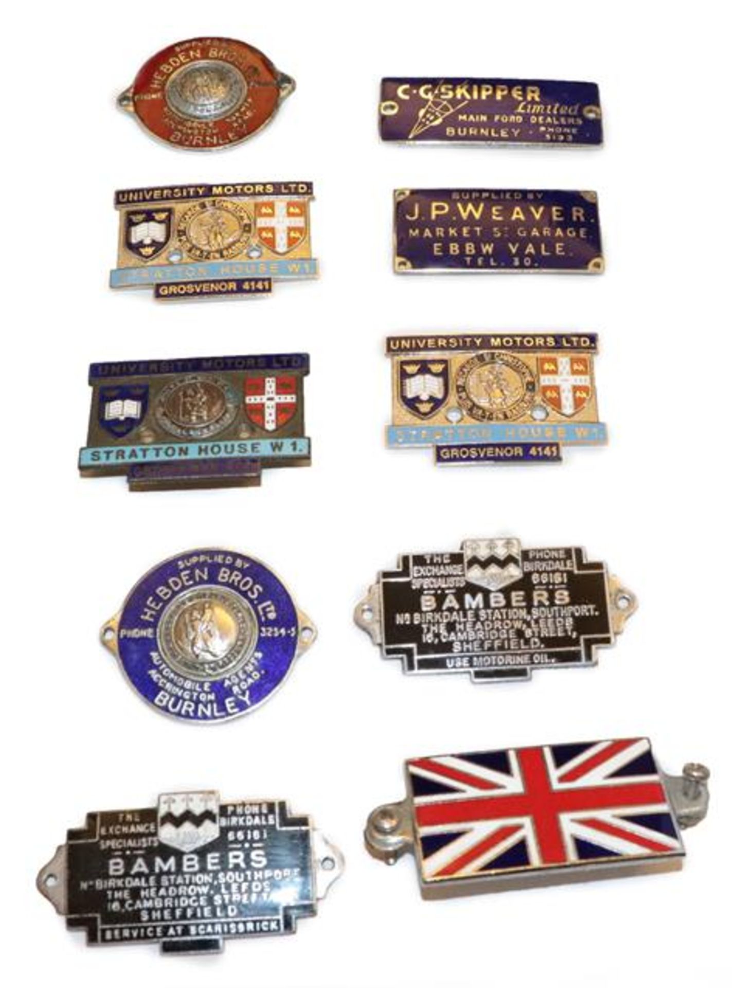 ~ Ten Assorted Enamel Car Badges, to include Hebden Brothers Ltd (x2), Bambers (x2), University