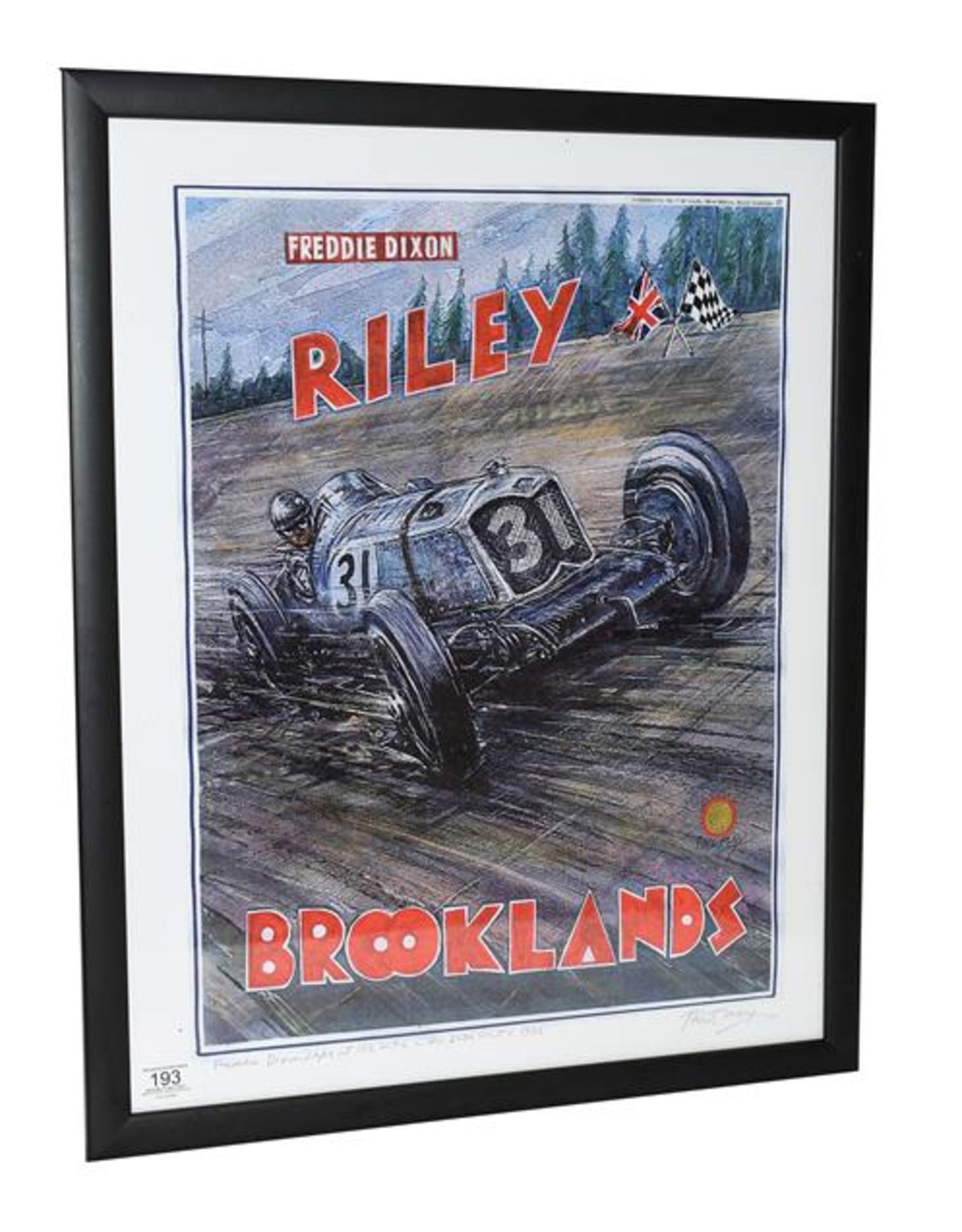 Phil May (b.1925) Freddie Dixon's Riley Sets Record at Brooklands Giclee poster print on canvas,