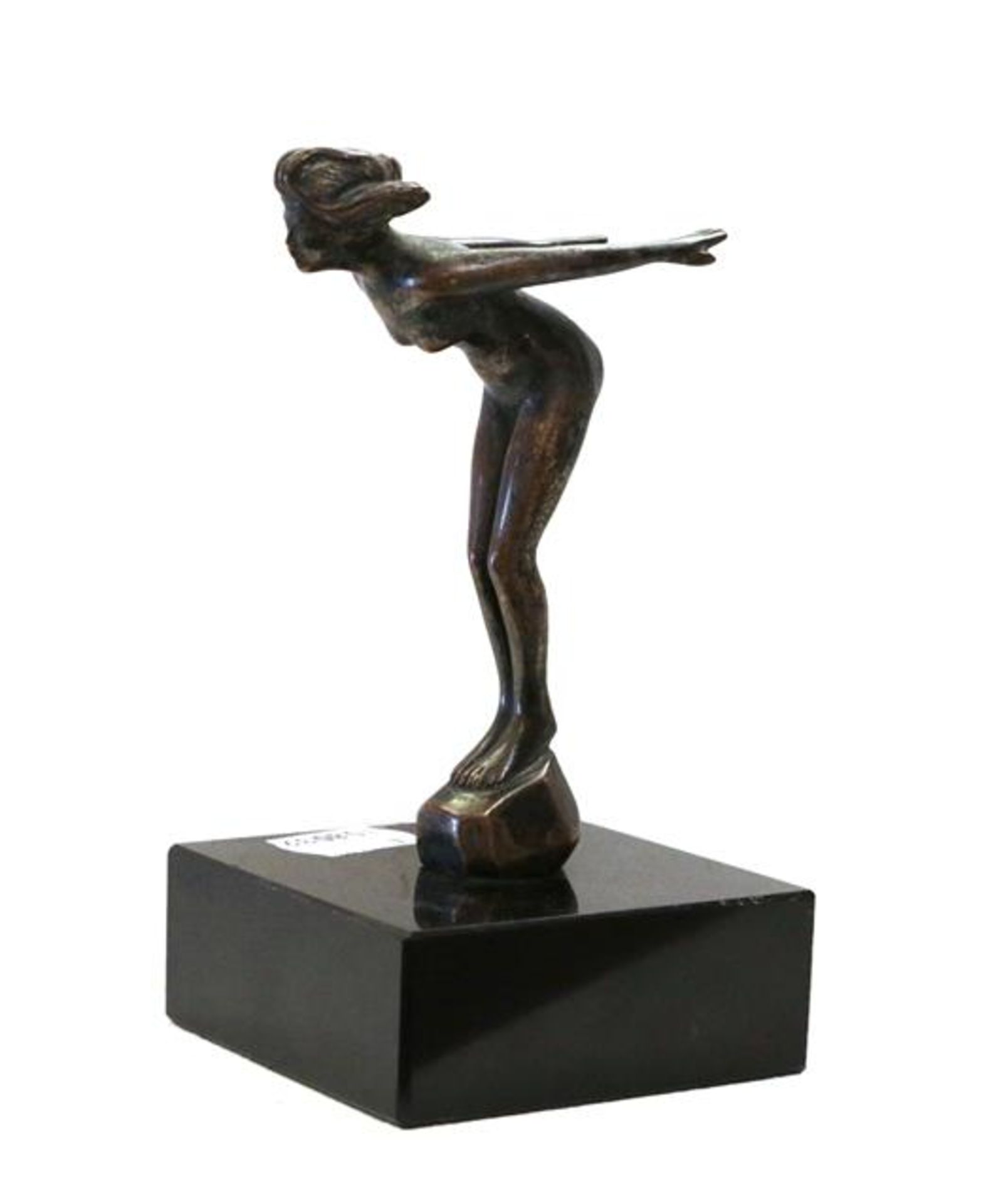 An Art Deco Bronzed Car Mascot, modelled as a stylised nude from a rock, the base stamped AEL,