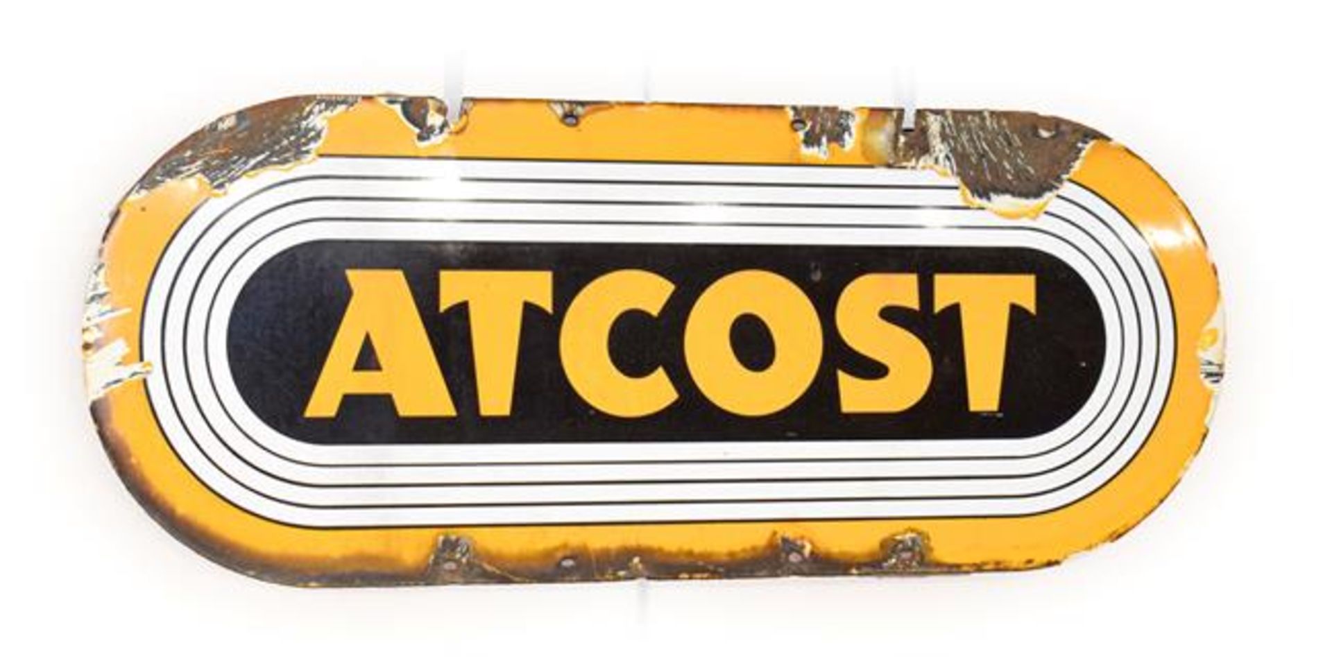 ATCOST: A Yellow Enamel Single-Sided Advertising Sign, 30cm by 76cm