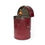 A Vintage Portable Oil Dispenser, painted red with hinged lid and carrying handles, enclosing a