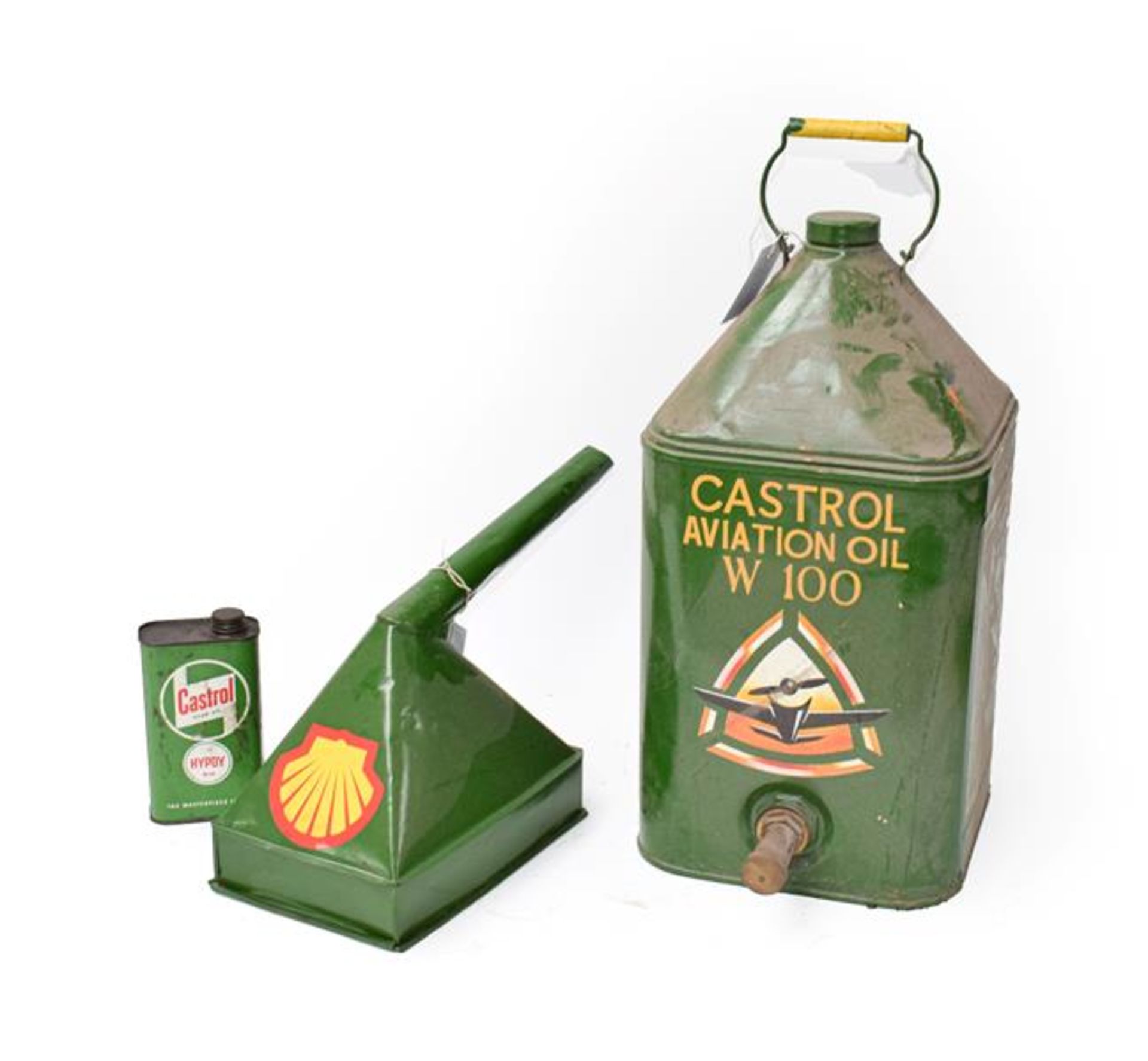 ~ A Castrol Aviation Oil W100 Green Painted Oil Can, with carrying handle and screw top, 52cm