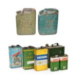 Two Green Painted 20 Litre Fuel Cans, with moulded carrying handle and hinged pouring spout; A Green