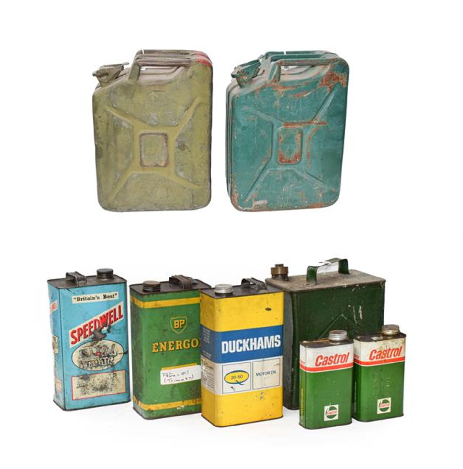 Two Green Painted 20 Litre Fuel Cans, with moulded carrying handle and hinged pouring spout; A Green