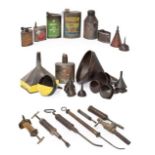 ~ Eleven Assorted Vintage Oil Funnels; A Copper Oil Can; Eight Assorted Lubricating Cans,