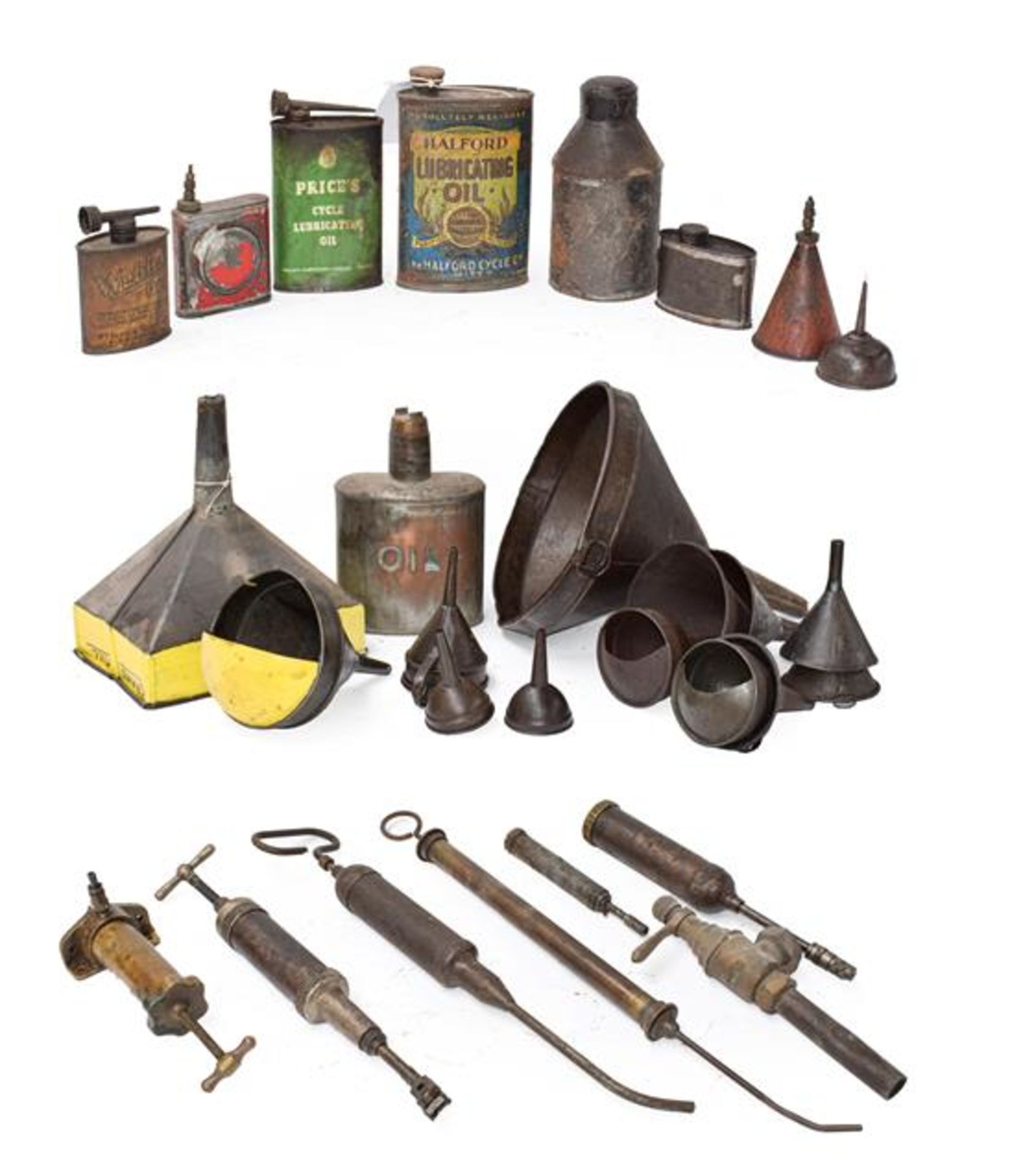 ~ Eleven Assorted Vintage Oil Funnels; A Copper Oil Can; Eight Assorted Lubricating Cans,