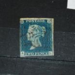 Great Britain, 1840 2d blue (A-L) plate 1, attractive used with light black MX cancel, three margins