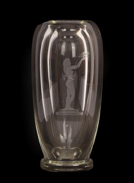 A Scandinavian Clear Glass Vase, decorated with a nude female holding a bird, unmarked, 21.5cm