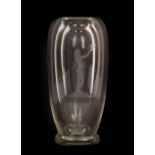 A Scandinavian Clear Glass Vase, decorated with a nude female holding a bird, unmarked, 21.5cm