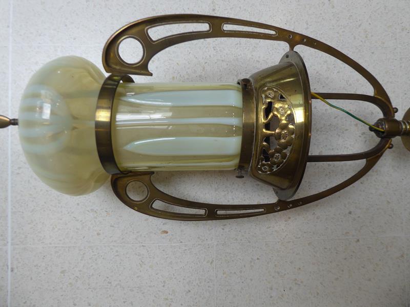 An Art Nouveau Brass Harp Gas Pendant Lamp, with vaseline glass shade, 95cm - Image 2 of 20