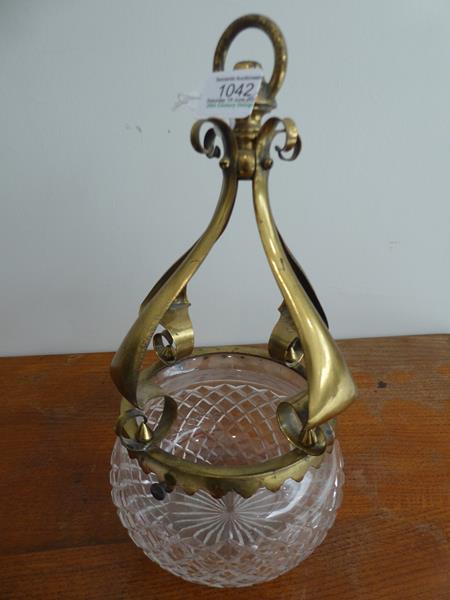 An Art Nouveau Brass Harp Gas Pendant Lamp, with vaseline glass shade, 95cm - Image 12 of 20