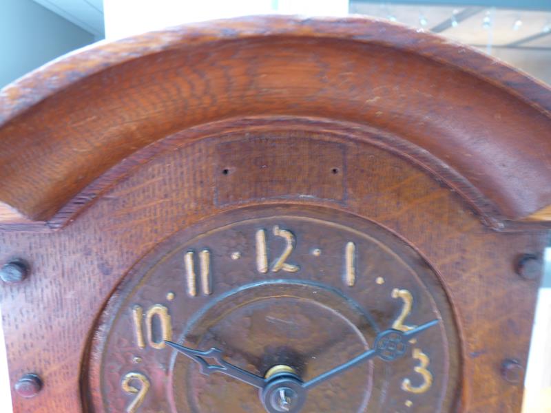 An Arts & Crafts Oak and Copper Mantel Clock, domed top, oak rivets, the hammered dial with Arabic - Image 12 of 12