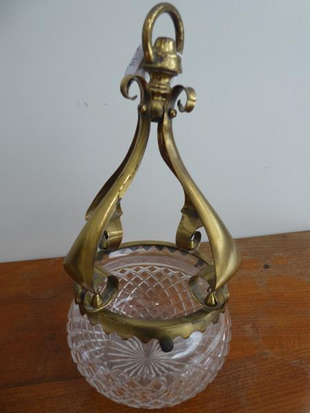 An Art Nouveau Brass Harp Gas Pendant Lamp, with vaseline glass shade, 95cm - Image 14 of 20
