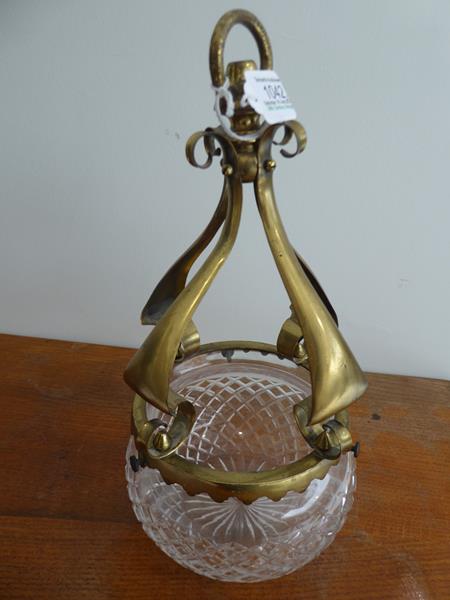 An Art Nouveau Brass Harp Gas Pendant Lamp, with vaseline glass shade, 95cm - Image 15 of 20