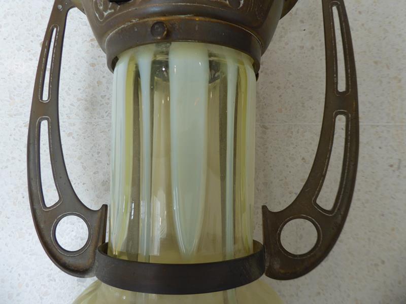 An Art Nouveau Brass Harp Gas Pendant Lamp, with vaseline glass shade, 95cm - Image 10 of 20
