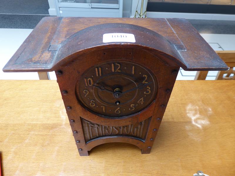 An Arts & Crafts Oak and Copper Mantel Clock, domed top, oak rivets, the hammered dial with Arabic - Image 9 of 12