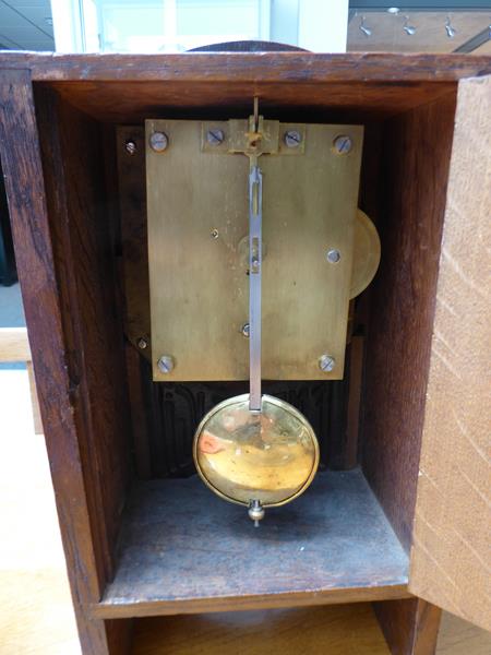 An Arts & Crafts Oak and Copper Mantel Clock, domed top, oak rivets, the hammered dial with Arabic - Image 2 of 12