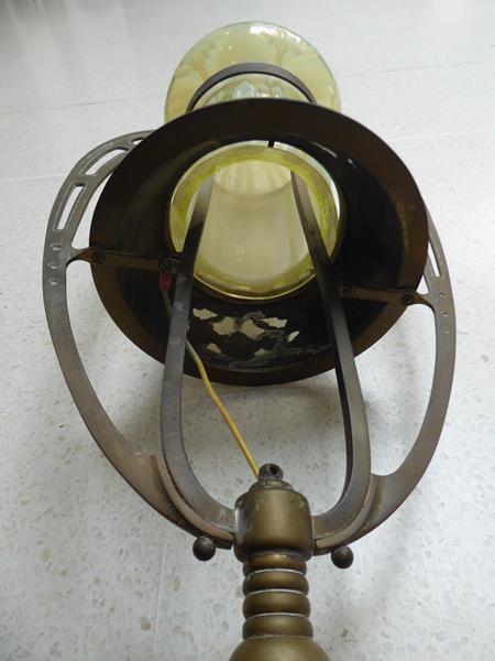 An Art Nouveau Brass Harp Gas Pendant Lamp, with vaseline glass shade, 95cm - Image 8 of 20