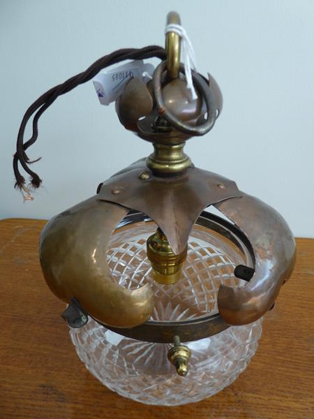 An Art Nouveau Brass Harp Gas Pendant Lamp, with vaseline glass shade, 95cm - Image 18 of 20