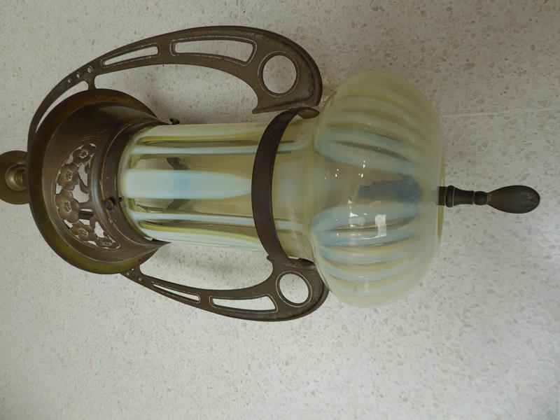 An Art Nouveau Brass Harp Gas Pendant Lamp, with vaseline glass shade, 95cm - Image 9 of 20