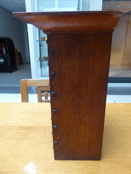 An Arts & Crafts Oak and Copper Mantel Clock, domed top, oak rivets, the hammered dial with Arabic - Image 7 of 12