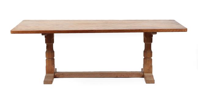 Workshop of Robert Mouseman Thompson (Kilburn): An English Oak 7ft Refectory Dining Table, the adzed