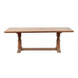 Workshop of Robert Mouseman Thompson (Kilburn): An English Oak 7ft Refectory Dining Table, the adzed