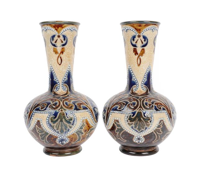 Eliza Simmance (working 1873-1928): A Pair of Doulton Lambeth Stoneware Vases, decorated with