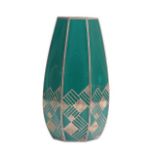 An Art Deco Continental Faceted Malachite Glass Vase, with repeating silver overlay decoration,