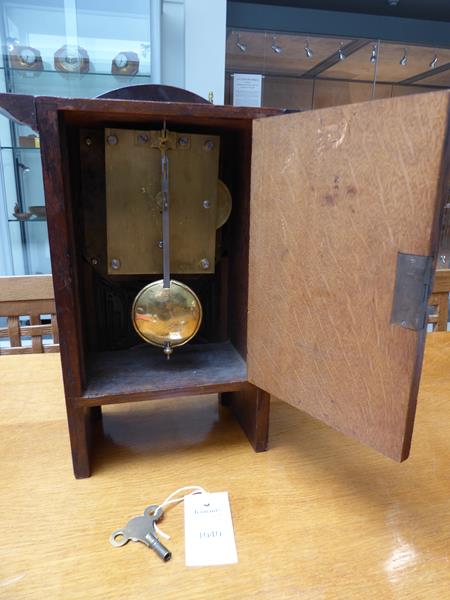 An Arts & Crafts Oak and Copper Mantel Clock, domed top, oak rivets, the hammered dial with Arabic - Image 5 of 12