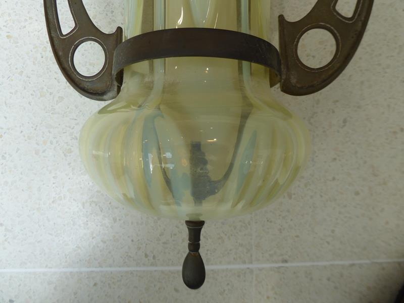 An Art Nouveau Brass Harp Gas Pendant Lamp, with vaseline glass shade, 95cm - Image 11 of 20